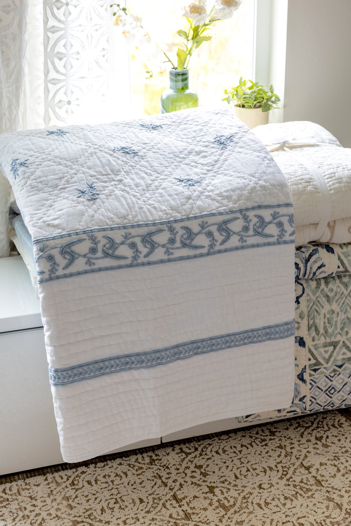 The Vine & Scroll Embossed Kantha Quilt with Shams