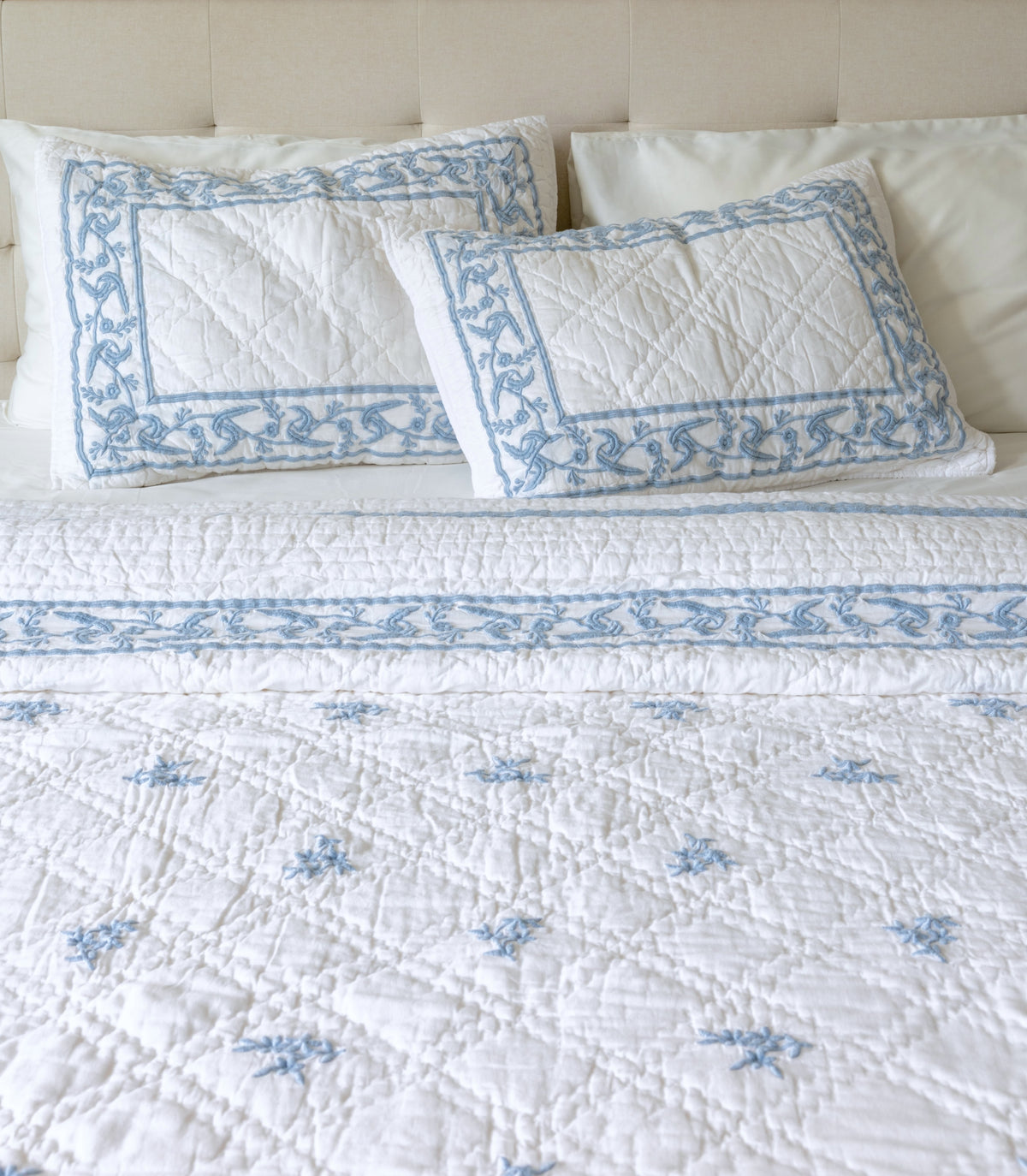 The Vine & Scroll Embossed Kantha Quilt with Shams