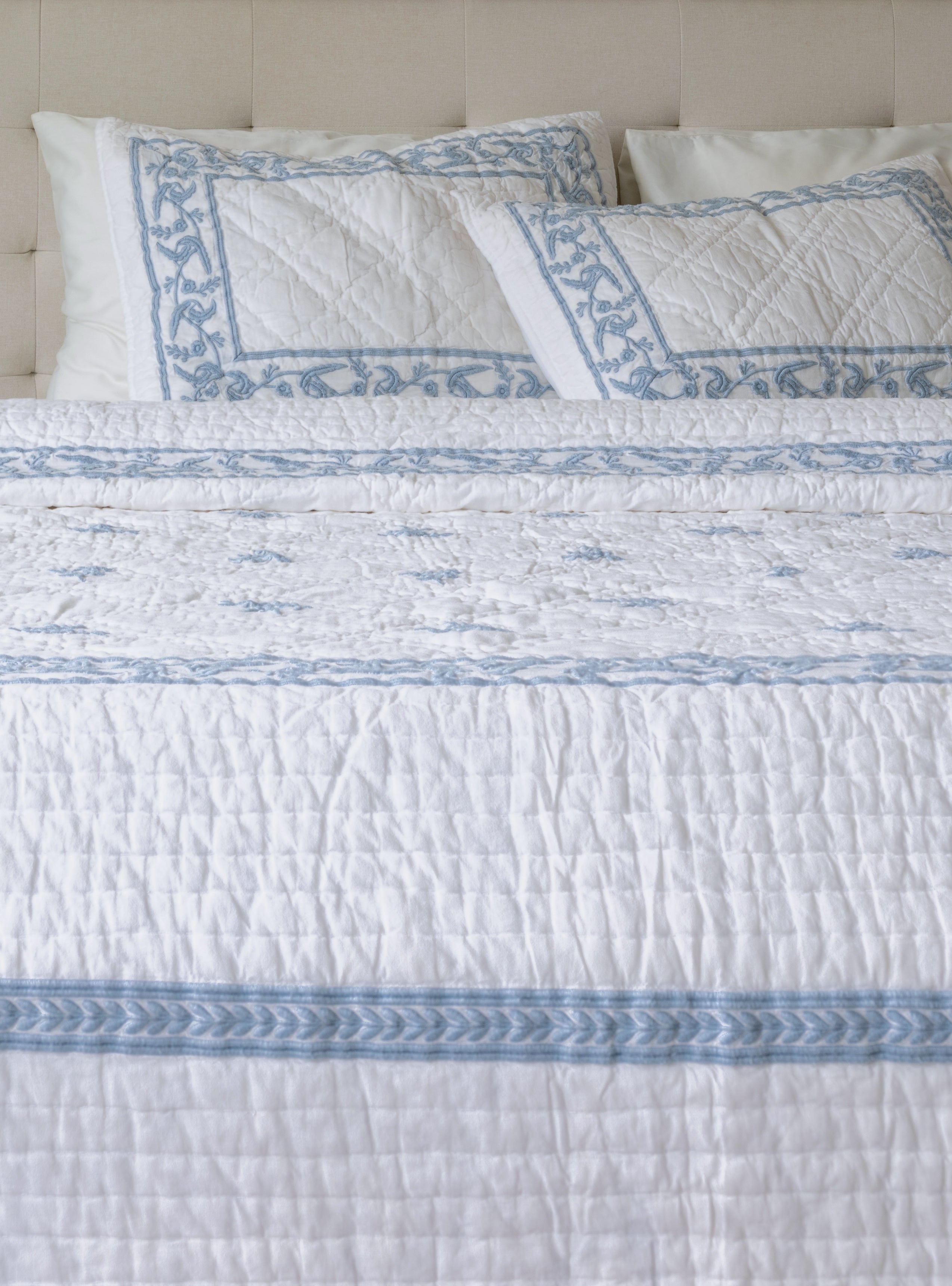 The Vine & Scroll Embossed Kantha Quilt with Shams