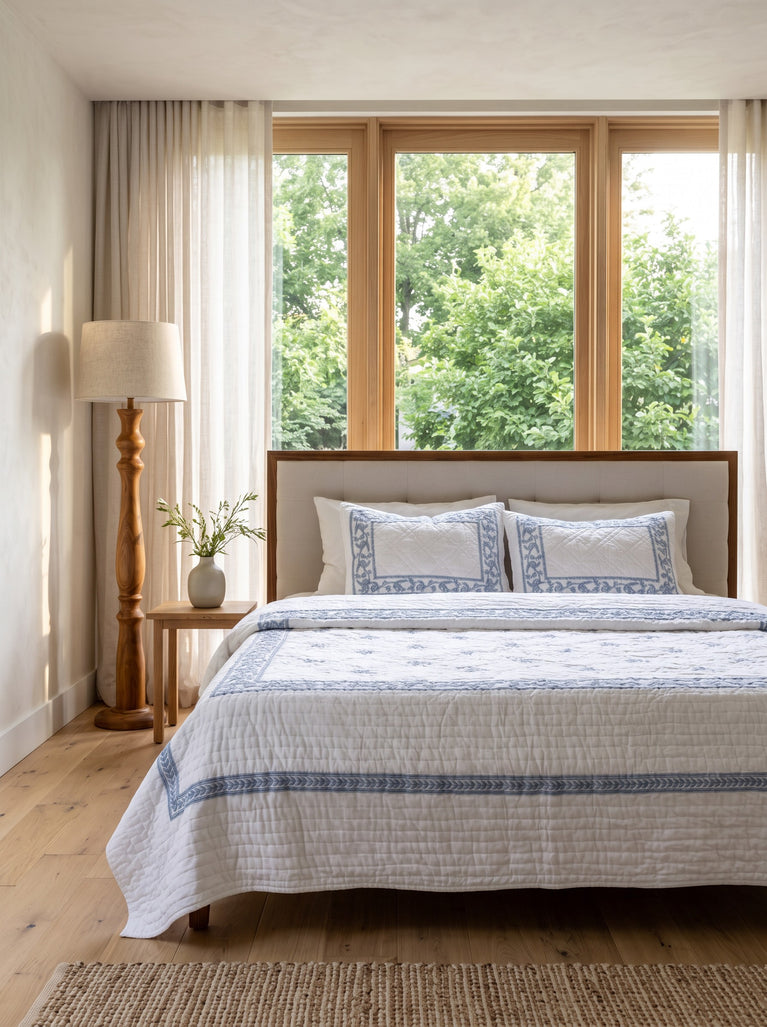 The Vine & Scroll Embossed Kantha Quilt with Shams