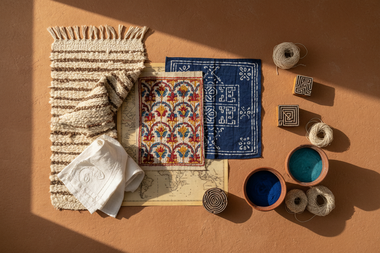 A styled flat-lay of textile crafts and finished rug pieces arranged on a terracotta surface with strong sunlight and shadows. Visible items include a cream-and-tan striped woven rug, a folded cream textile, a small multicolor patterned rug, a blue patterned rug, skeins of thread, small geometric blocks, and bowls containing blue and turquoise dye.